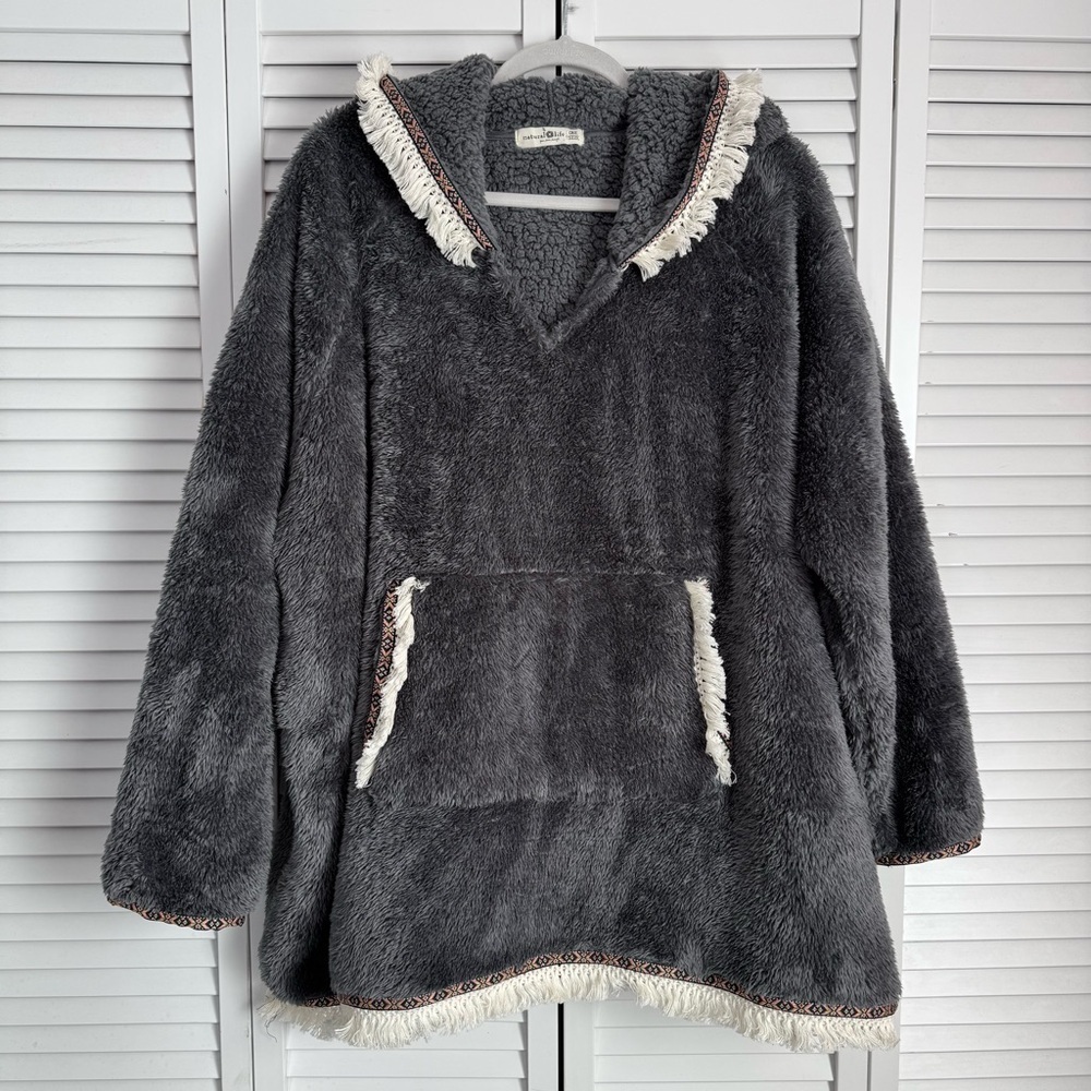 Natural Life Teddy Sherpa Blanket Hoodie Gray Oversize Pullover Sweater One Size